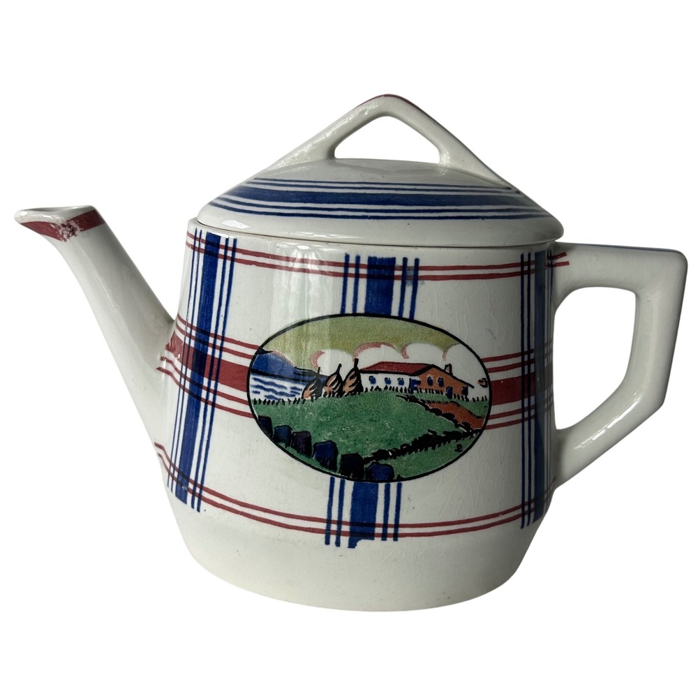 VTG Sarreguemines France Teapot La Muntcho Plaid Farmhouse Faience Ceramic
